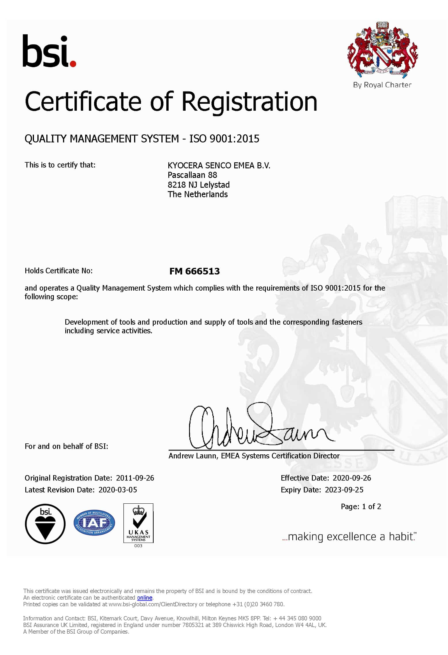 ISO 9001:2015 - Kyocera Senco